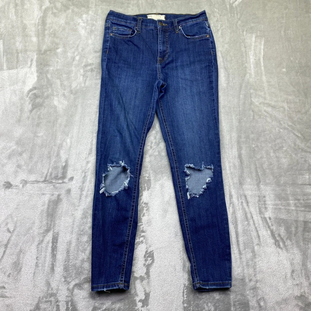 Free People High Rise Ripped Knee Skinny Jeans Blue Sz 28 Fits 27